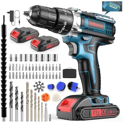 21V 3-in-1 Drill Driver - Complete Kit of 61 Accessories, 2 Batteries and 45Nm Fast Charger - All-in-One for Drilling, Screwing and Repair at Home
