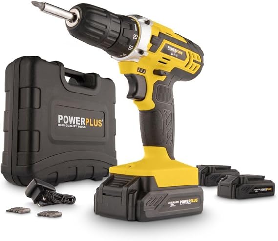 Powerplus Perceuse-Visseuse sans Fil POWX00501 - Tournevis 20 V, 3x20V Li-ion Batteries, Chargeur, Coffret Outil 12 Pièces, Embouts