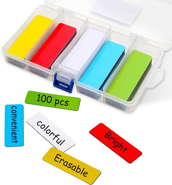 100 Étiquettes Magnétiques Inscriptibles et Effaçables Colorées - 75 x 25 mm - Cartes à Bandes Magnetiques Beschreibbar pour Tableaux Blancs, Réfrigérateurs, Cuisine et Bureau