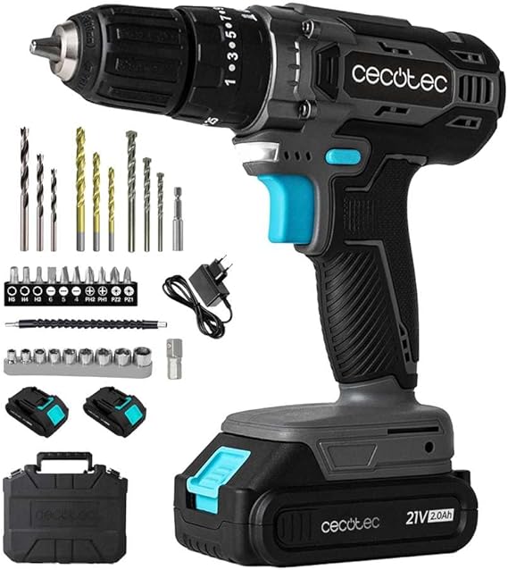 Cecotec Impact Drill and Screwdriver with 2 Batteries of 21V and 2.000mAh PowerForce 2120 Impact. 1500 rpm, Clamping Torque of 45Nm Adjustable in 25+1 Levels, 27000 Impacts/min.
