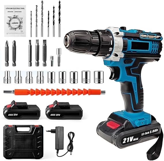 Perceuse Visseuse Sans Fil 21V, Visseuse Devisseuse avec Batteries, 18+1 Réglages de Couple, 32Nm Percussion, 2 Vitesses, avec Lampes LED, 24 Accessoires, Pour le Perçage, le Meulage et la Coupe