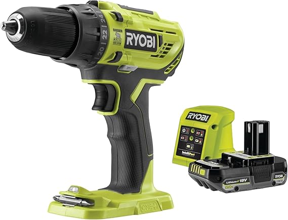 Ryobi - Perceuse-visseuse à percussion 18V - 2 vitesses - 50 Nm - 500-1 800 tr/min - réglage de couple 24 positions - mandrin 13 mm livrée avec 1 batterie 2Ah et son chargeur - R18PD32-1C20G