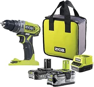 RYOBI - Perceuse-visseuse à percussion 18V ONE+™™ avec 1 batterie Lithium+ 2,0 Ah & 1 batterie Lithium+ 4,0 Ah - R18PD2-242S