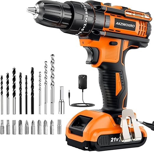 AKZWOXRO Perceuse Visseuse Sans Fil 21V, Visseuse Devisseuse Sans Fil avec Batterie 2.0Ah, 42Nm Perceuse Percussion, 25+3 Réglages de Couple, 22 Accessoires, 2 Vitesses, LED, pour le Bricolage