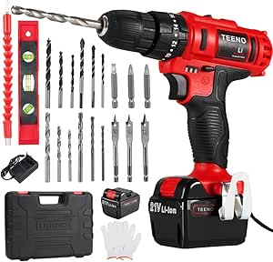 TEENO 21V marteau perforateur, tournevis sans fil avec 2 batteries 2000mAh, 40Nm, 18+3 réglages de couple, 20 accessoires, 2 niveaux de vitesse, lumières LED