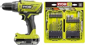Ryobi - Perceuse-visseuse à percussion BRUSHLESS 18V - 2 vitesses - 50 Nm - 500-1 800 tr/min & Coffret Empilable 32 Accessoires Mixtes Perçage - Vissage - Boulonnage + 1 Porte-embout PH