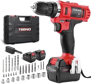 Perceuse sans fil TEENO 21V avec 2 batteries de 1,5Ah, 40Nm, 18+1 niveaux de couple, 2 vitesses, LED incluses, pour le bricolage