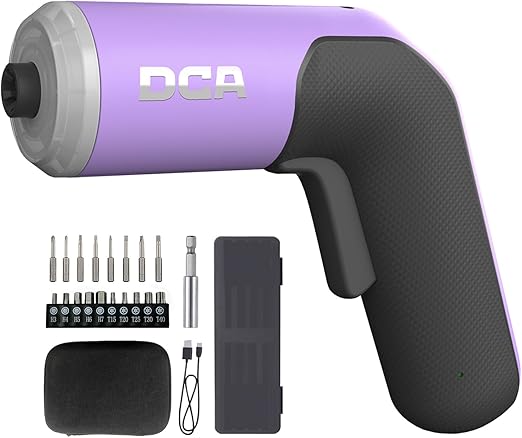 DCA 4V 5N·M Electric Screwdriver with 2000mAh Li-ion Battery, 6.35mm Magnetic Hex Chuck, USB-C Charging Cable, 18 Bits for Furniture Repair, Purple ADPL05-5