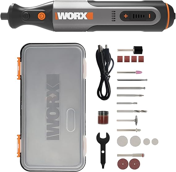WORX 8V Outil Rotatif Multifonction sans Fil WX106, 23pcs Accessoires, Chargeur USB, Taille d'embout 3,2 mm, 5 Vitesse Variable 5000 à 28000 RPM pour Graver, Découper, Percer, Polir, Meuler