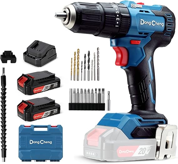 Dong Cheng 18V 50Nm Cordless Impact Drill, Impact Driver Drill 2x2.0Ah Batteries, 20+3 Torque Levels, Carbon Free Motor, 13mm Chuck, 2 Speed, Charger, LED