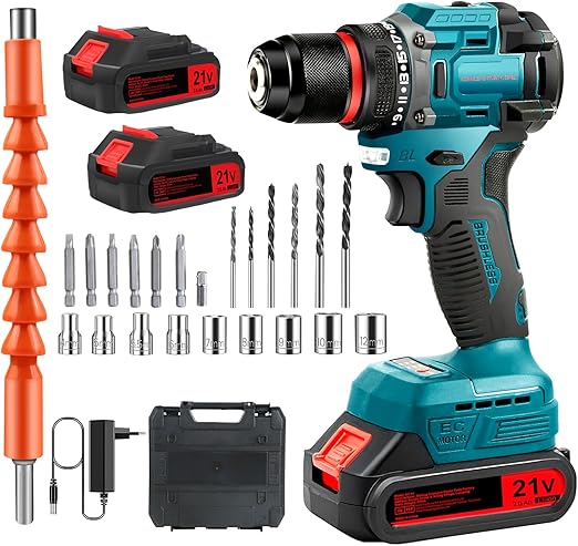 Brushless Perceuse Visseuse Sans Fil 21V, Visseuse Devisseuse Sans Fil, Perceuse Percussion sans fil Visseuse Perceuse sans fil, 2 * 2000mah Batteries, 24 Accessoires