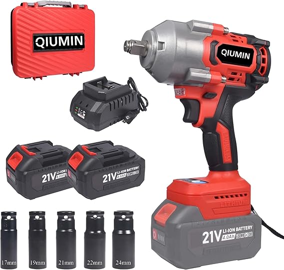 1/2 Inch Brushless Wireless Impact Wrench 1000 Nm, 2 x 4.0Ah Batteries, 21 V, Fast Charger, 5 Sockets (17 19 21 22 24 mm), 3 Speed, for Car, Garage and DIY