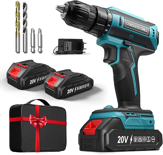 Cordless Drill with 2 Batteries, 20 V Cordless Drill Driver, Max Torque 42Nm, 2 Speed LED Devicer, Compatible with Makita Batteries, 25+1 Torque, 10 mm Chuck