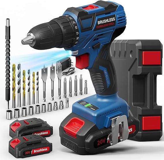 FAHEFANA Perceuse Visseuse Sans Fil 20V Brushless, 25+3 Visseuse Sans Fil 60Nm Max, Perceuse Sans Fil avec 2 Batteries, 2 Vitesses, LED, Perceuse sans fil 25 accessoires