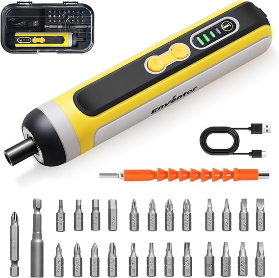 ENVENTOR Mini Electric Screwdriver 4V Cordless Screwdriver Set 3 Torque Settings 6Nm 2000mAh LED Light USB Rechargeable with 25 Pieces Magnetic Bit Set