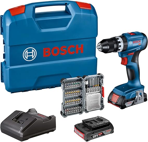 Bosch Professional 18V System perceuse-visseuse à percussion sans-fil GSB 18V-45 (vitesse de rotation de 1 900 tr/min, 2 batteries de 2,0 Ah, accessoires, GAL 18V-20, L-Case) - Amazon Exclusive