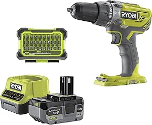 RYOBI - Perceuse-visseuse à percussion sans fil 18V - 50 Nm - 500-1800 tr/min - 1 batterie lithium+ 4,0 Ah - chargeur 2,0 A - Livrée en sac de transport - R18PD3-140S