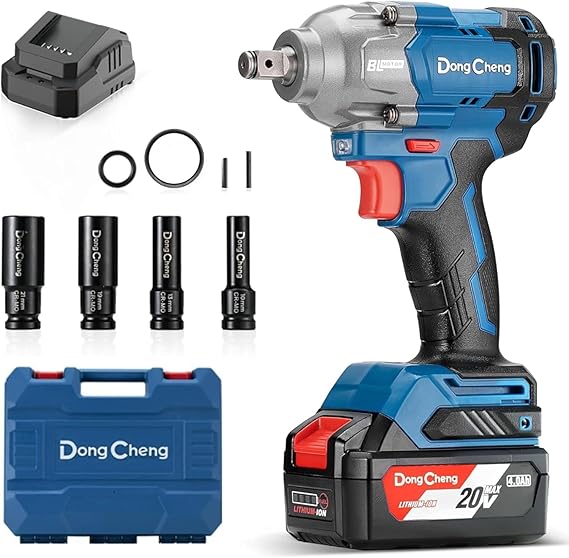 Dong Cheng 20V Cordless Impact Wrench with 4.0Ah Battery 488N.m 1/2" Brushless Impact Nutrunner 3 Speed with 4 Impact Sockets Ideal for Automotive and DIY