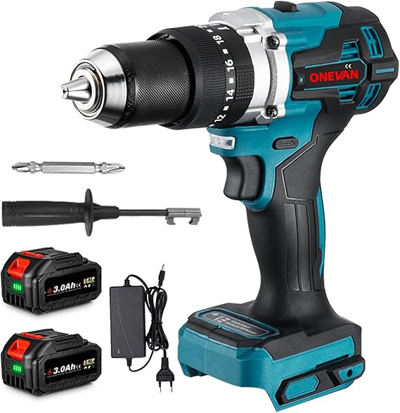 perceuse percussion sans fil, 140nm perceuse sur batterie brushless avec 2x3,0Ah Batteries ed changeur, 20+3 réglages de couple, 20v perceuse visseuse sans fil avec coffret pour Bricolage