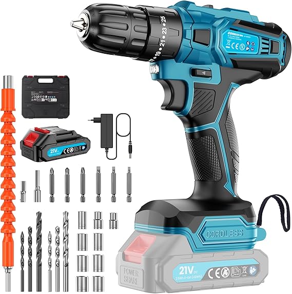 Perceuse Visseuse Sans Fil, Visseuse Devisseuse Sans Fil 21V avec Batterie 2000mAh, Visseuse Perceuse Sans Fil ，Max 30N·m, Réglage du Couple 25+3, 2 Vitesses, Mandrin 10mm, avec éclairage LED