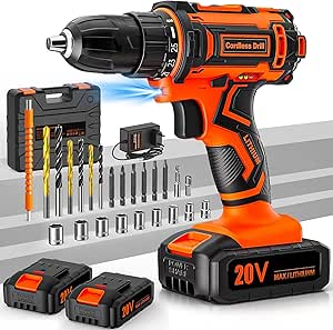 Perceuse Visseuse Sans Fil 20V, Visseuse Devisseuse Sans Fil avec 2 Batteries 2.0Ah, 42Nm, 25+1 Réglages de Couple, 2 Vitesses, LED, 24 Accessoires et Valise, pour la Bricolage