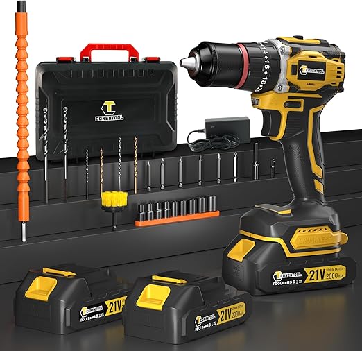 Set Perceuse-visseuse sans balai 21V, Perceuse à percussion avec 2x 2000mAh Batteries, 52 Nm Couple Max, Réglage de Couple sur 28+3 Positions, Perceuse-visseuse avec 26 Accessoires pour Projets DIY