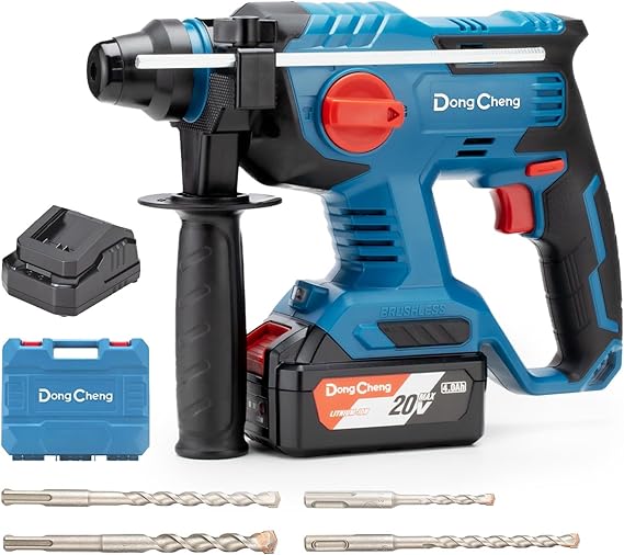 Dong Cheng 18V Cordless Hammer Drill, 2.1J Strike Energy, 4-Bit SDS-Plus, Max Drill Diameter 28mm, Brushless Hammer Drill Motor, Shockproof Handle