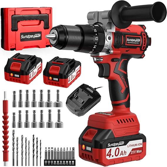 Cordless Drill 21V - 120Nm Max Brushless Cordless Impact Drill, Screwdriver with 2 Batteries 4.0Ah, 20+3 Torque Settings, 13mm Chuck, 2 Speed, Led