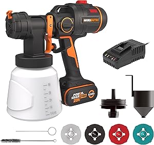 WORX Pulvérisateur de Peinture sans Fil WX020 18V (20V Max), PowerShare, Moteur sans Balais, HVLP, Récipient de 1L, 3 Modèles de Pulvérisation et 4 Buses, Couvre Une Surface de 15㎡ en 4 Minutes