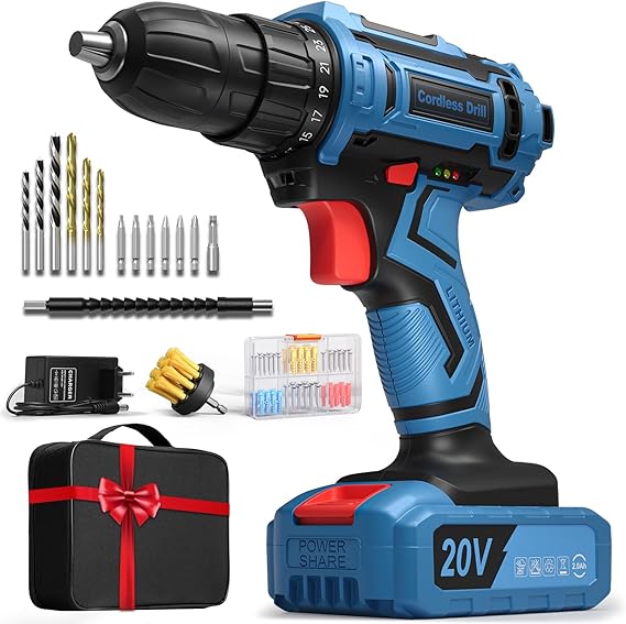 Perceuse Visseuse Sans Fil 20V, Perceuse Devisseuse Sans Fil avec Batterie 2.0Ah, 75 Accessoires, 42Nm, 25+1 Réglages de Couple, 2 Vitesse, Lumières LED, Perceuse-Visseuse pour Bricolage à Domicile