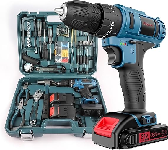 21 V Cordless Drill with 2 x 2.0 Ah Batteries, 45 nm Drill, Complete Tool Box for 112 Pieces, 2 Speed, Led, for DIY
