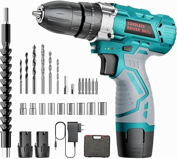 electric Perceuse Visseuse Sans Fil 12V, Perceuse Visseuse Devisseuse Sans Fil, 24 Accessoires, 25+3 Réglages de Couple, 2 Vitesse, Lumières LED, 2000mAh Batteries *2