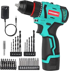 HYCHIKA Perceuse visseuse sans fil 16.8V avec batterie 1.5Ah, 45N-m et 23+1 réglages de couple, mandrin sans clé 10mm, 2 vitesses variables, 53PCS Accessoires.