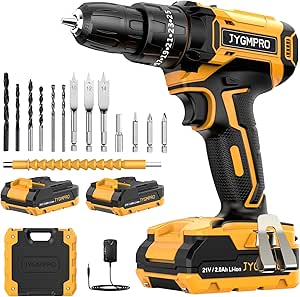 Perceuse Visseuse Sans Fil 21V, Visseuse Devisseuse avec 2 Batteries 2.0Ah, 42Nm Percussion, 25+3 Réglages de Couple, 14 Accessoires, 2 Vitesses, LED, pour la Bricolage, Jaune