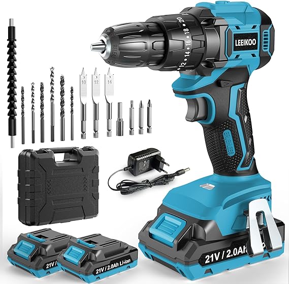 Perceuse Visseuse Sans Fil 21V, Brushless Visseuse Devisseuse avec 2 Batteries 2.0Ah, 45N.m Percussion, 20+3 Réglages de Couple, 14 Accessoires, 2 Vitesses, LED, pour Projet de Bricolage