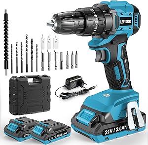 Perceuse Visseuse Sans Fil 21V, Brushless Visseuse Devisseuse avec 2 Batteries 2.0Ah, 45N.m Percussion, 20+3 Réglages de Couple, 14 Accessoires, 2 Vitesses, LED, pour Projet de Bricolage