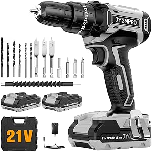 JYGMPRO Perceuse Visseuse Sans Fil 21V, Visseuse Devisseuse avec 2 Batteries 2.0Ah, 42Nm Percussion, 25+3 Réglages de Couple, 14 Accessoires, 2 Vitesses, LED, pour la Bricolage, Gris