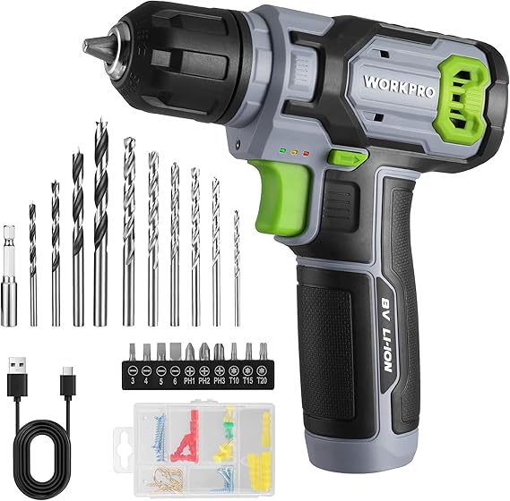 WORKPRO Perceuse Visseuse Sans Fil 8V, Visseuse Devisseuse Sans Fil Gris Vert, Accessoires 53 Pièces, avec Mandrin 10mm, LED Lumière, Câble de Charge Type C, pour Réparation Maison DIY