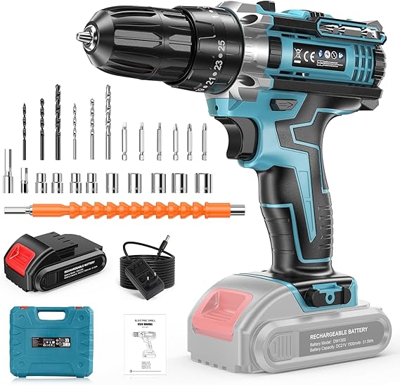 21 V Cordless Drill with 1500 mAh Battery, 30 Nm 25 + 3 Levels of Torque, for Repairing and Gardening DIY Project, LED, 2 Speeds.