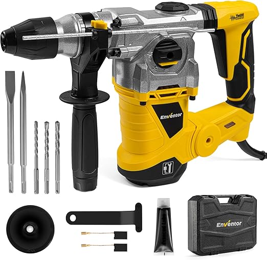 ENVENTOR Marteau Perforateur SDS-Plus, 1500W Perceuse à Percussion avec Poignée Anti-vibration, 6J, Max 4500 BPM, 4 Fonctions, Capacité de Perçage: Béton (32 mm), Métal (13 mm), Bois (40 mm)