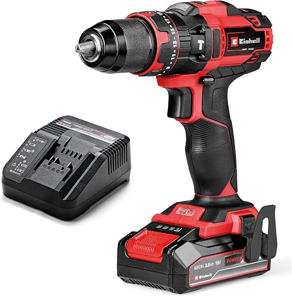 Einhell Perceuse-visseuse à percussion sans fil TE-CD 18/44 Li-i (1 x 2,5 Ah) Power X-Change (18 V, 44 Nm, perçage à percussion, mandrin métallique 13 mm, 2 vitesses, avec batterie 2,5 Ah et chargeur)