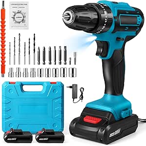 Perceuse Visseuse Sans Fil 28V, Visseuse Devisseuse avec 2 Batteries, 32Nm Percussion, 25+3 Réglages de Couple Perceuse, 2 Vitesses, 24 Accessoires, LED Light, pour la Bricolage (28V)