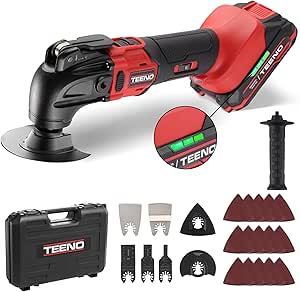 TEENO Outil Multifonction Oscillant 20V, Brushless Outil Multifonction Sans Fil avec 6 Vitesses Variables, 8500-21000 tr/min, Chargeur, Angle Oscillant 4°, Pour Racler, Polir, Couper