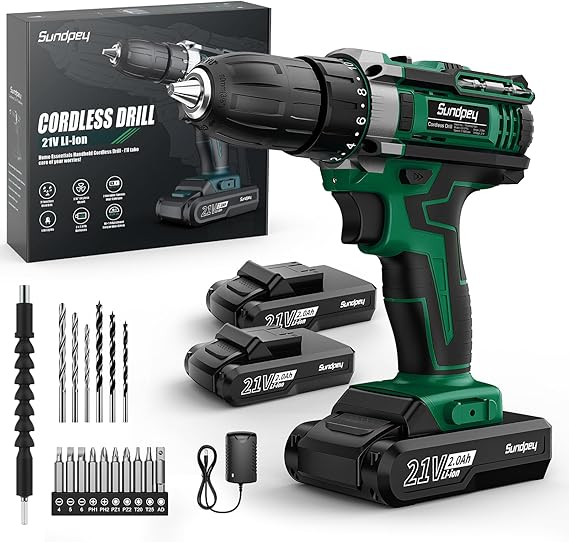 Sundpey Perceuse Visseuse Sans Fil 21V - Visseuse Devisseuse Sans Fil 45Nm Max avec 2 Batteries 2.0Ah, 18+1 RéGlages De Couple, 2 Vitesses, Lumières LED, Perceuse-Visseuse pour Bricolage à Domicile