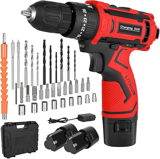 Perceuse Visseuse sans Fil 12v, Visseuse Devisseuse sans Fil avec 2.0Ah Batteries et 34 Accessoires, 25+1 RéGlages de Couple 2 Vitesse LumièRes LED