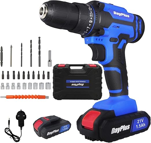 Perceuse-visseuse portative sans fil, 21 V pour percer du métal/mur/bois, 1500 mAh, 45 Nm, réglage de couple 25 + 1, 2 vitesses, lumière LED