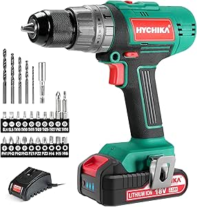 HYCHIKA Perceuse Visseuse Sans Fil 18 V, Batterie Rechargeable 2 Ah, Perceuse à Percussion avec 27 Accessoires, 2 Vitesses, 21 + 3 Réglages de Couple, avec éclairage LED, Pour Réparation à Domicile