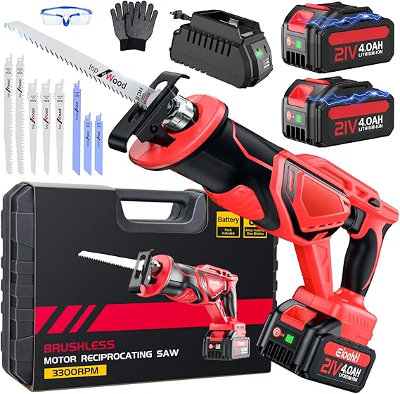 Reciprocating Saw, Upgraded 3500 SPM Brushless Motor Low Noise, High Performance, 2 x 21V 4.0Ah Battery in Hibernation, 8 Versatile Alloy Steel Blades that Cut
