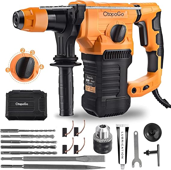 Marteau perforateur SDS-Plus Marteau de démolition 1500W, 4 fonctions en 1, 3900BPM 800RPM, poignée anti-vibration et embrayage de sécurité, y compris graisse, burin et perceuse 32mm