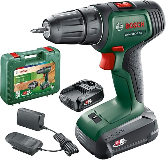 Bosch UniversalDrill 18V cordless drill driver (2 batteries, 18 V system, comes with two screw bits and case)